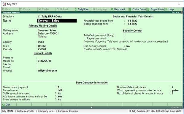 Company Creation in Tally.ERP9 Company Creation in Tally.ERP9